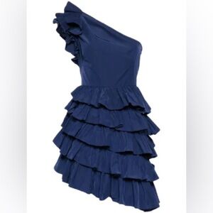 NWT MARCHESA NOTTE Elegant Navy One-Shoulder Ruffle Dress (4)